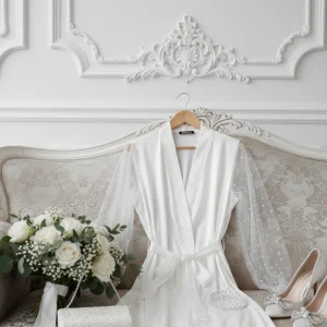 روبدوشامبر عروس ساتن سفید با آستین تور مرواریدی قد بلند