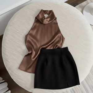 تاپ ساتن رنگ قهوه ای مجلسی و شیک